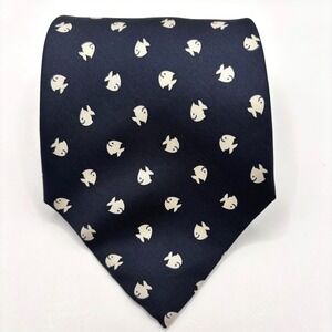 Pura Seta Navy Blue 100% Silk Fish Pattern Necktie Made in Italy Nautical 58 in